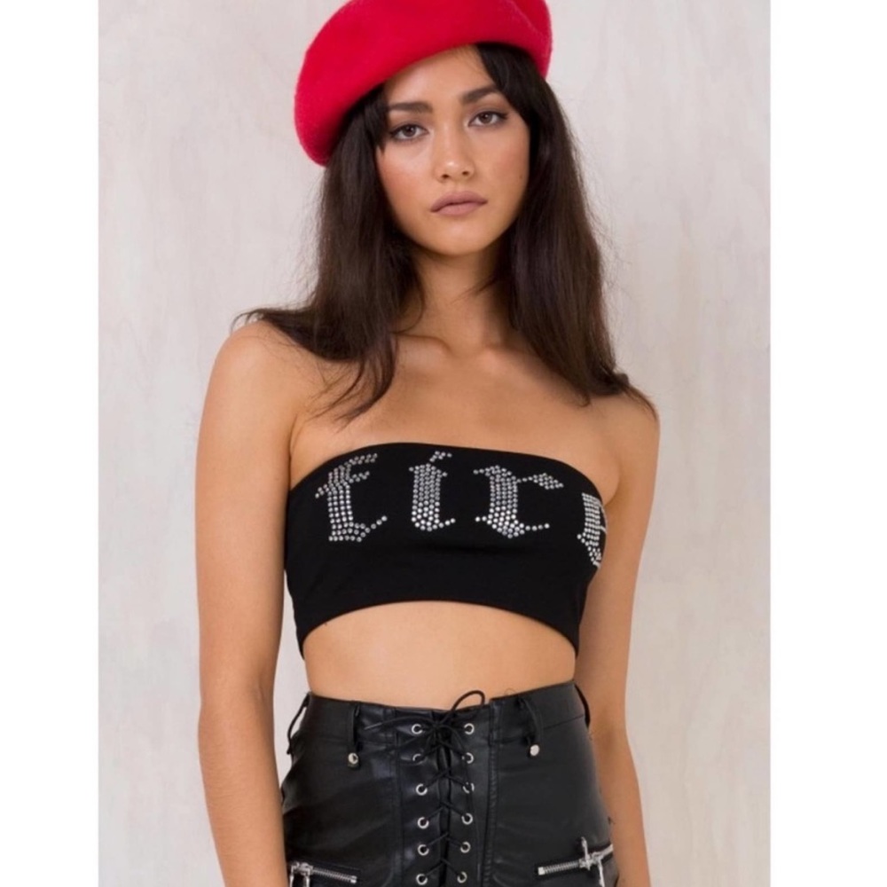 I.AM.GIA Black Sabik Rhinestone “Fire” Cropped Tube Bandeau Top